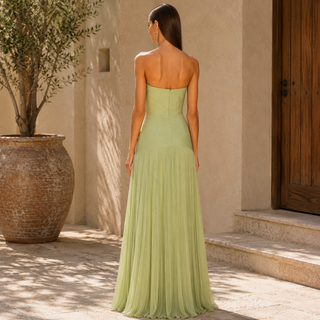 Long Strapless Dress with Pleated Skirt