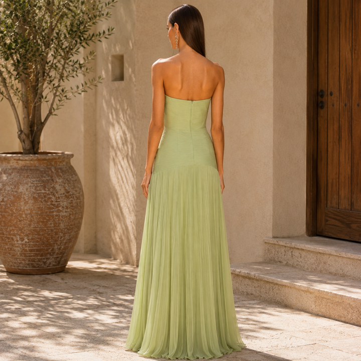 Long Strapless Dress with Pleated Skirt