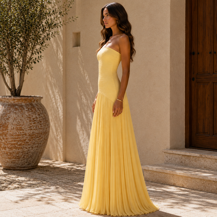 Long Strapless Dress with Pleated Skirt