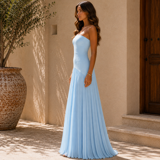 Long Strapless Dress with Pleated Skirt