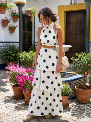 Polka Dot Two-Piece Set with Long Skirt