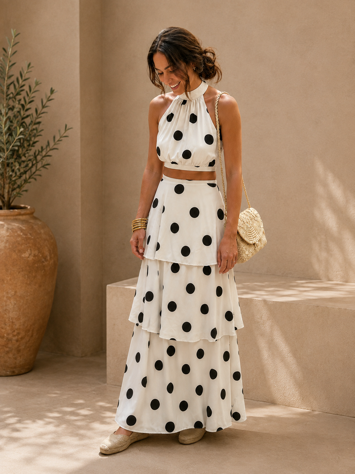 Polka Dot Two-Piece Set with Long Skirt