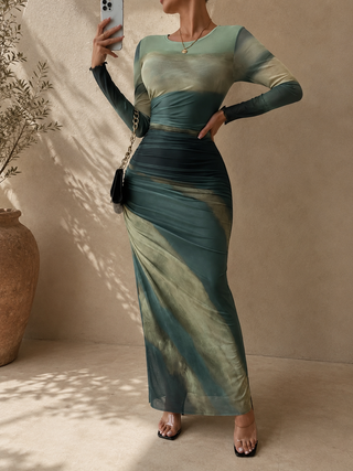 TORINA | Comfy Printed Long Sleeve Round Neck Bodycon Maxi Dress