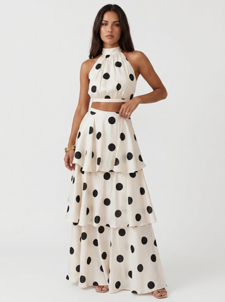 Polka Dot Two-Piece Set with Long Skirt