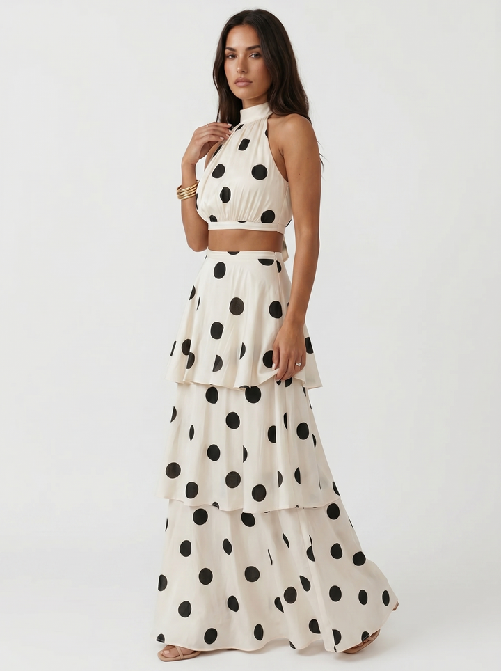 Polka Dot Two-Piece Set with Long Skirt