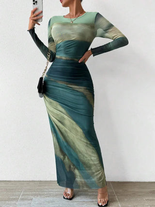 TORINA | Comfy Printed Long Sleeve Round Neck Bodycon Maxi Dress