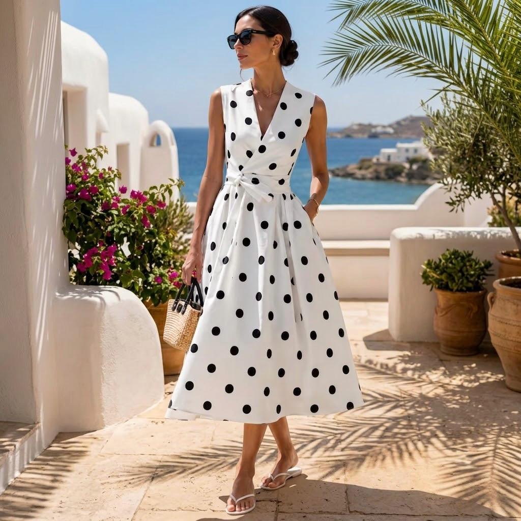Amelie | V-Neck Polka Dot Midi Dress