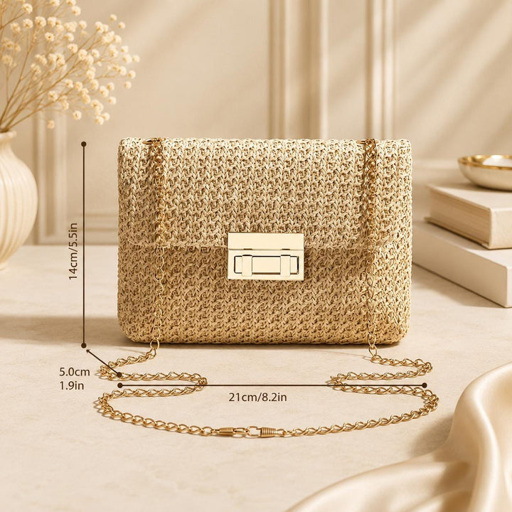 Woven Boho-style crossbody shoulder bag with chain.