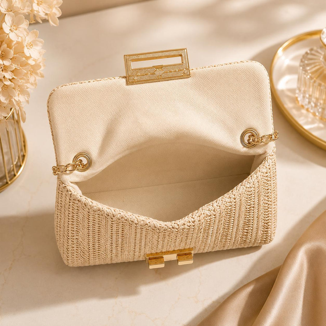 Woven Boho-style crossbody shoulder bag with chain.
