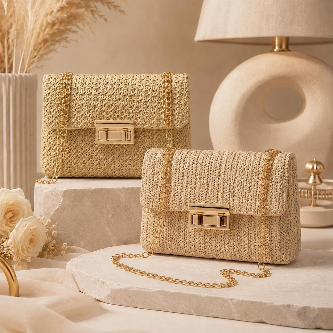 Woven Boho-style crossbody shoulder bag with chain.