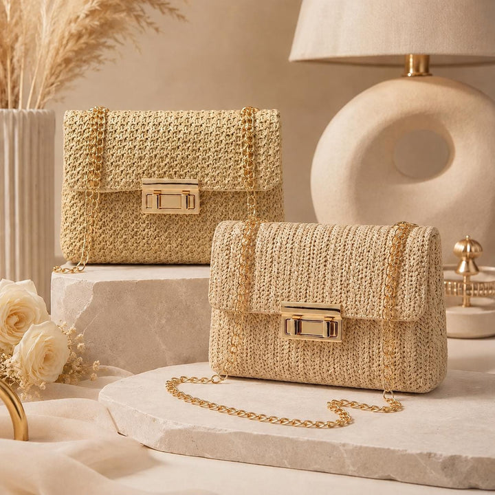 Woven Boho-style crossbody shoulder bag with chain.
